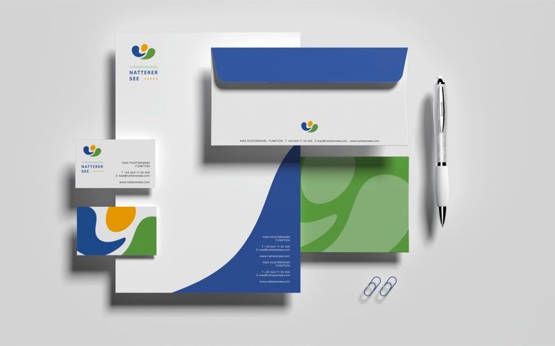 Visualisierung: Geschäftsausstattung mit Briefpapier, Kuvert und Visitenkarten im Natterer-See-Design